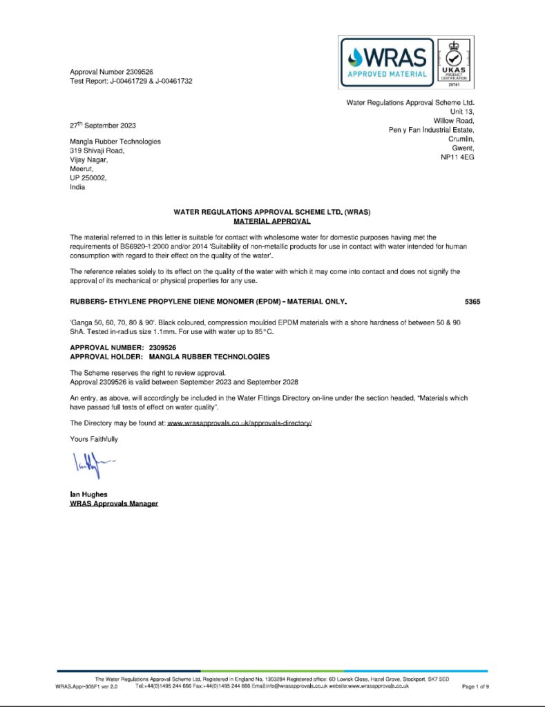 WRAS certificate EPDM rubber